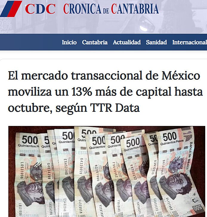 El mercado transaccional de Mxico moviliza un 13% ms de capital hasta octubre, segn TTR Data